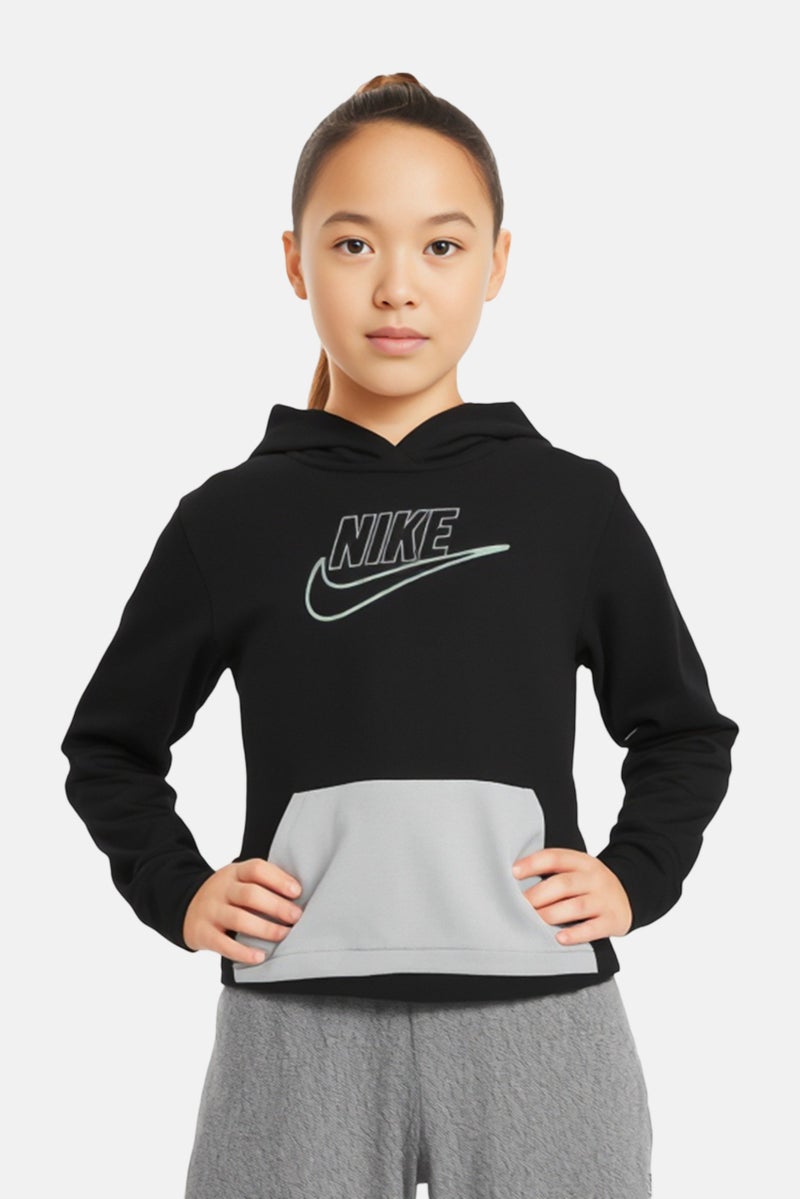 Nike Kids Girl Embroidered Logo Long Sleeve Outdoor Hooded Sweatshirt, Black - Image 1