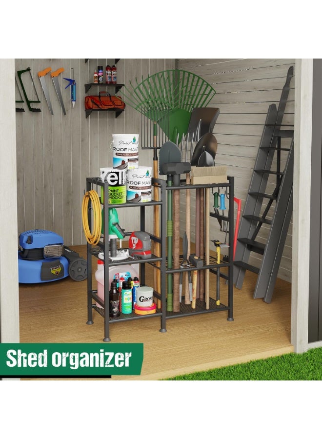 Forthcan Garden Tool Organizer for Garage Organization, 3 Tier Yard Tool Storage Rack with 35 Long-Handled Tool Slots, Heavy Duty Garden Tool Holder with Large Hooks for Shed, Yard, Garage - Image 4