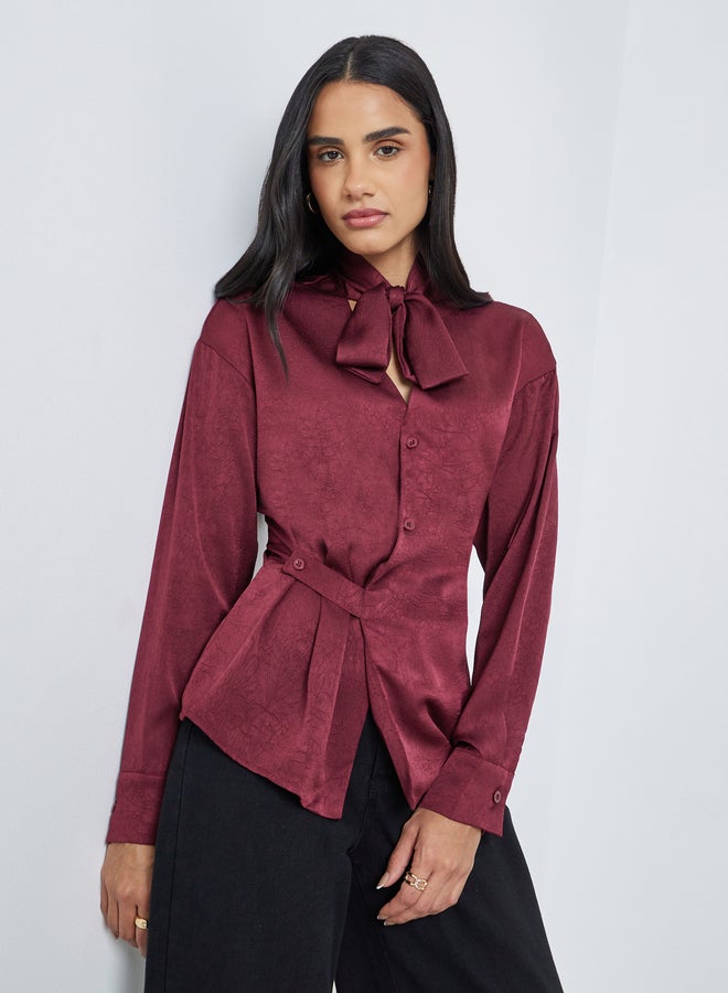 Styli Burgundy Tie-Neck Buttoned Blouse - Image 1