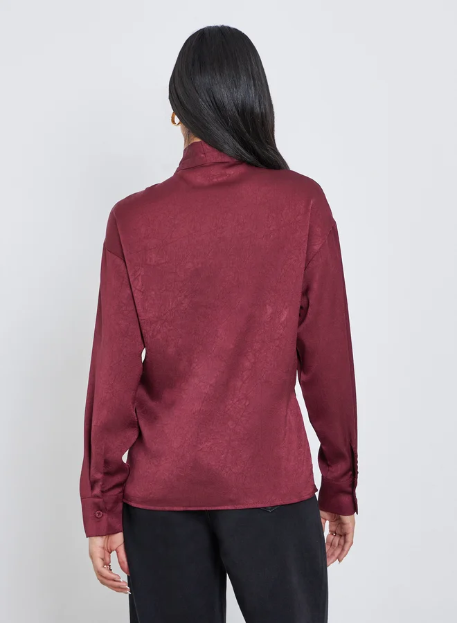 Styli Styli Burgundy Tie-Neck Buttoned Blouse