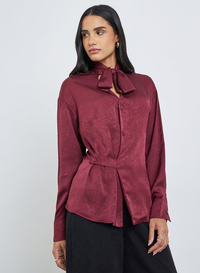Styli Burgundy Tie-Neck Buttoned Blouse - Image 3