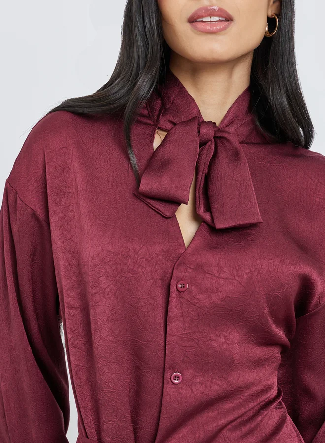 Styli Styli Burgundy Tie-Neck Buttoned Blouse