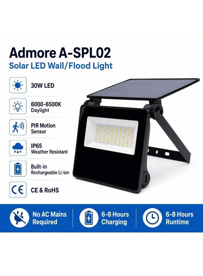 Admore 30W Solar LED Wall Light Outdoor Flood Light With PIR Motion Sensor Waterproof IP65 Adjustable Solar Panel and Lamp Head Daylight 6500K - Image 2