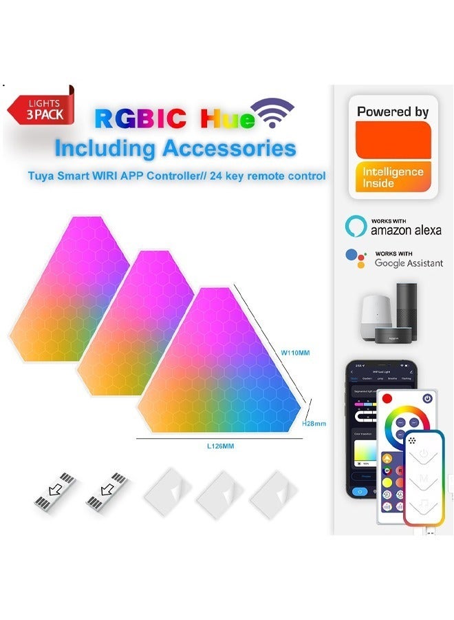 RGB LED Wall Light Panel, Wi-Fi Smart Home Decor Creative Light with Music Sync, Compatible with Google Assistant, for Game Room, Party Decor, Indoor Home Decor (3 Pack)