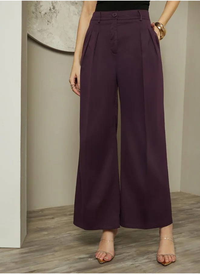 ستايلي High Rise Wide Leg Pants with Belt Loop Detail