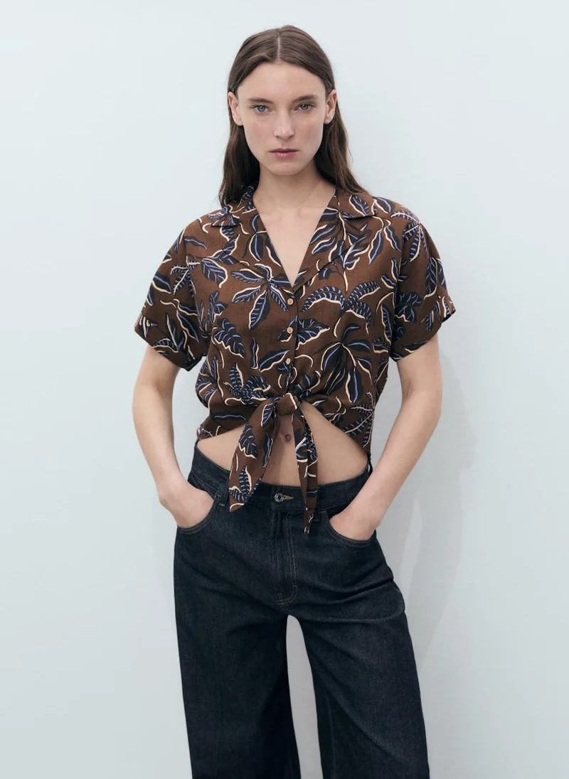 مانجو Printed Crop Shirt With Knot Detail