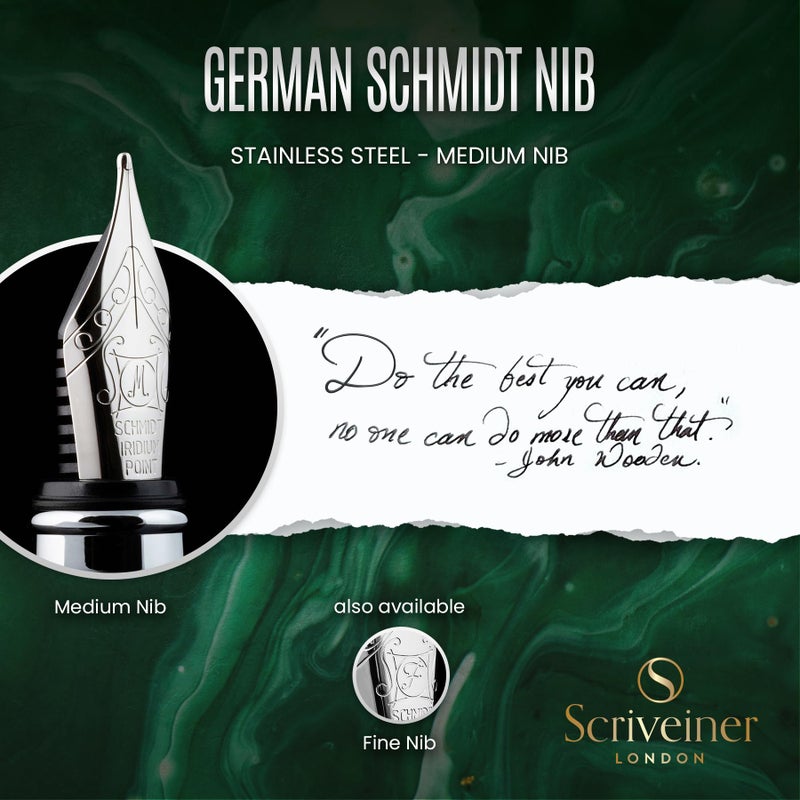 Scriveiner British Racing Green Fountain Pen - Stunning Luxury Pen with Chrome Finish, Schmidt Nib (Medium), Best Pen Gift Set for Men & Women, Professional, Executive, Office, Nice Pens - Image 5