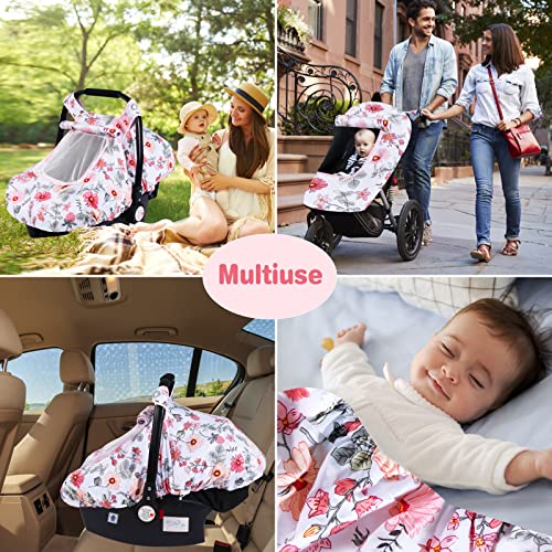 SMTTW Baby Car Seat Covers Infant Car Canopy for Spring Summer Autumn Winter Universal Fit Snug Warm Breathable Car Seat Canopy for Boys Girls Pink Flower - Image 3