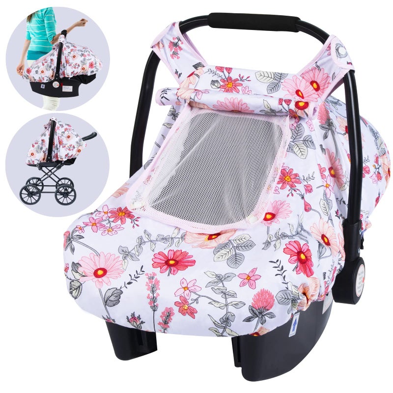 SMTTW Baby Car Seat Covers Infant Car Canopy for Spring Summer Autumn Winter Universal Fit Snug Warm Breathable Car Seat Canopy for Boys Girls Pink Flower - Image 2