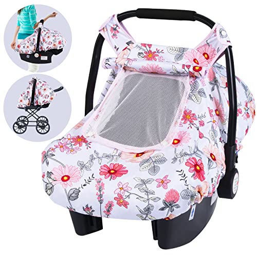 SMTTW Baby Car Seat Covers Infant Car Canopy for Spring Summer Autumn Winter Universal Fit Snug Warm Breathable Car Seat Canopy for Boys Girls Pink Flower - Image 1