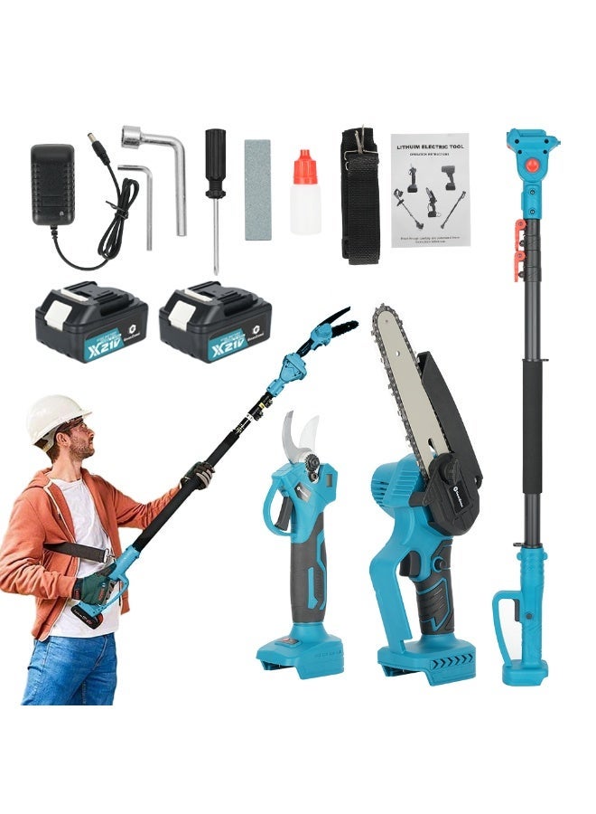 جيرزون مجموعة منشار كهربائي 3 في 1 من GearZone مع مقص تقليم، منشار كهربائي 6 بوصات لتقليم الأشجار، مقص لاسلكي ومنشار كهربائي يعمل بالبطارية مع عمود تمديد وبطاريتين لتقليم الحدائق - أزرق - Image 1