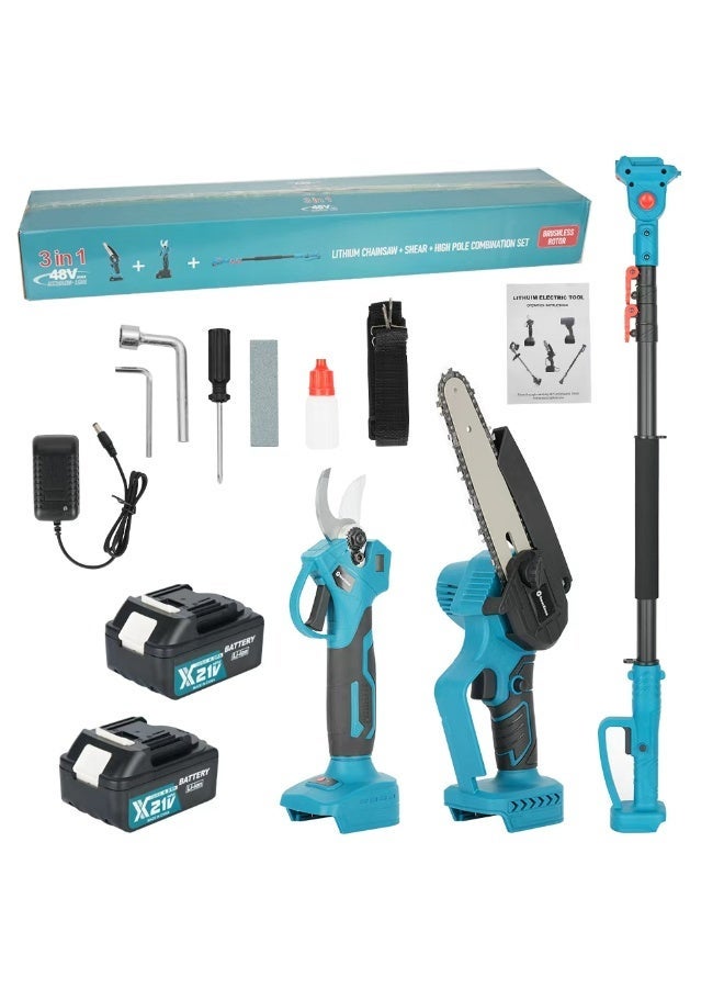 جيرزون مجموعة منشار كهربائي 3 في 1 من GearZone مع مقص تقليم، منشار كهربائي 6 بوصات لتقليم الأشجار، مقص لاسلكي ومنشار كهربائي يعمل بالبطارية مع عمود تمديد وبطاريتين لتقليم الحدائق - أزرق - Image 2