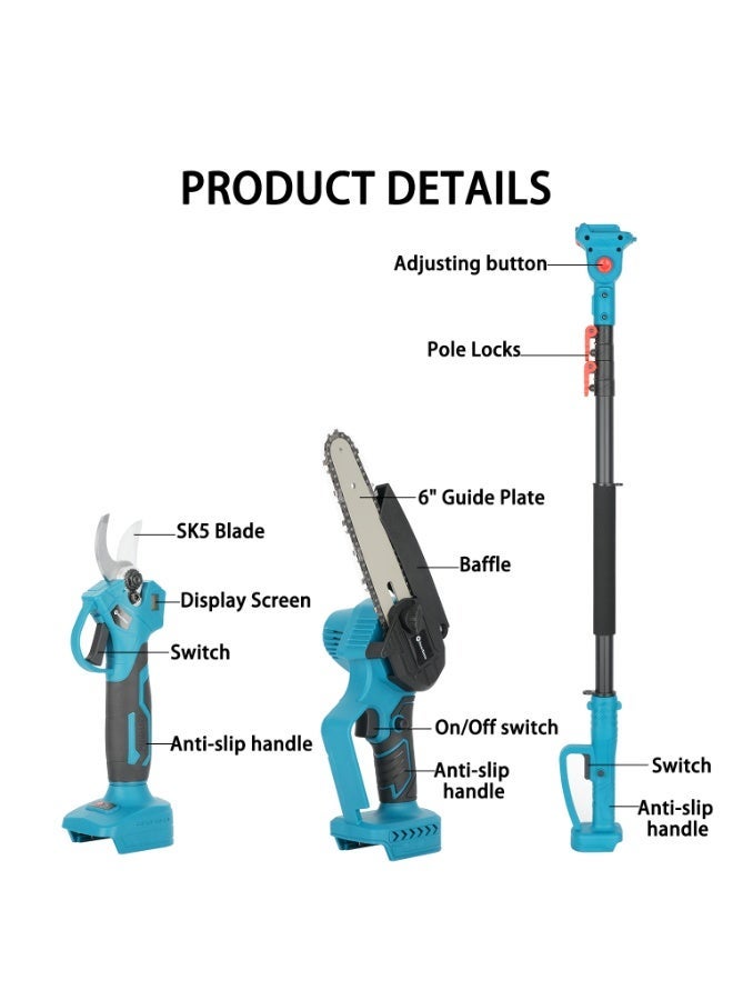 جيرزون مجموعة منشار كهربائي 3 في 1 من GearZone مع مقص تقليم، منشار كهربائي 6 بوصات لتقليم الأشجار، مقص لاسلكي ومنشار كهربائي يعمل بالبطارية مع عمود تمديد وبطاريتين لتقليم الحدائق - أزرق - Image 3