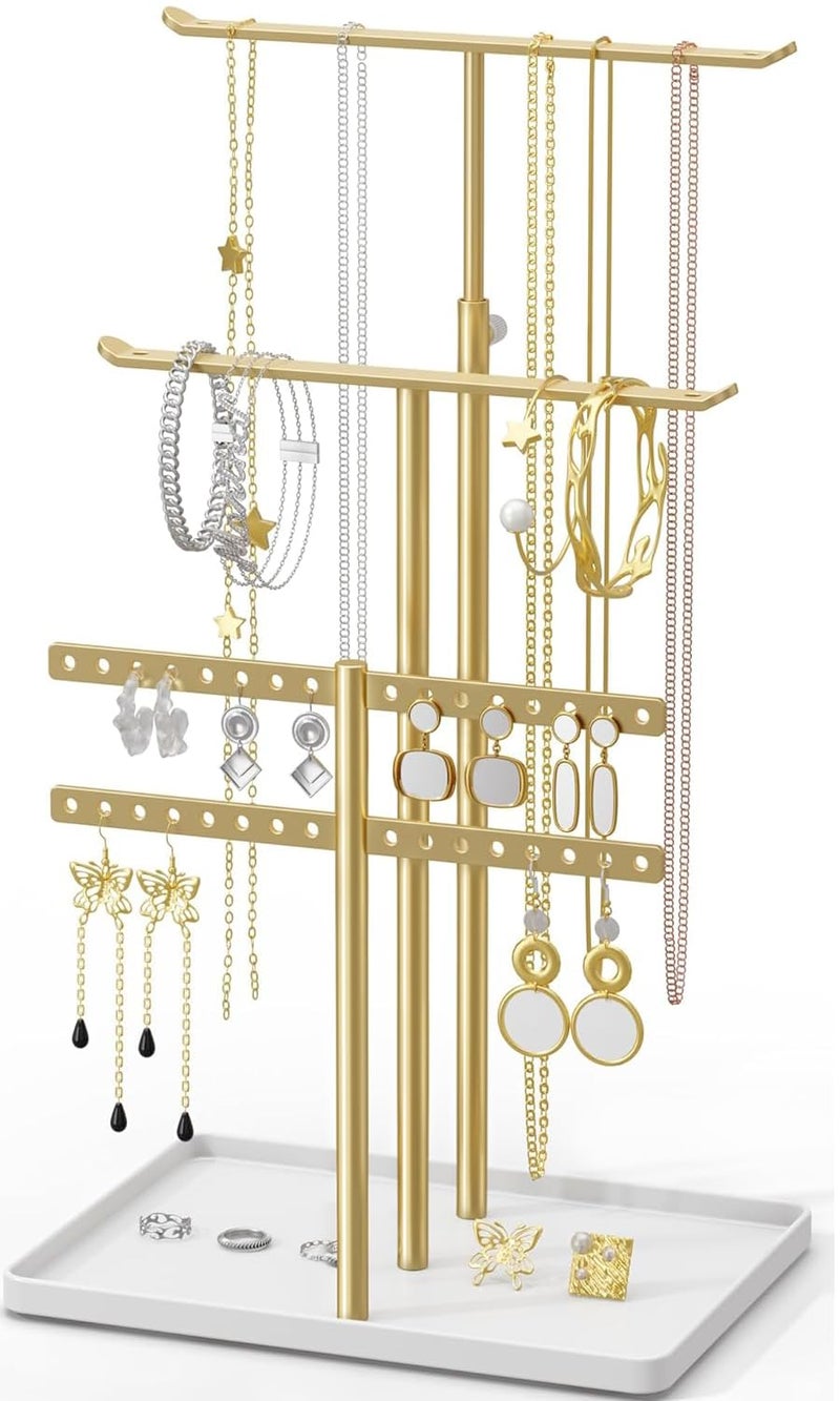 susswiff Jewelry Holder Organizer Stand Adjustable Jewelry Tree 175 Height Max Jewlery Hanger for Necklaces Bracelets Earrings Aesthetic for Storage and Display Metal Gold and White