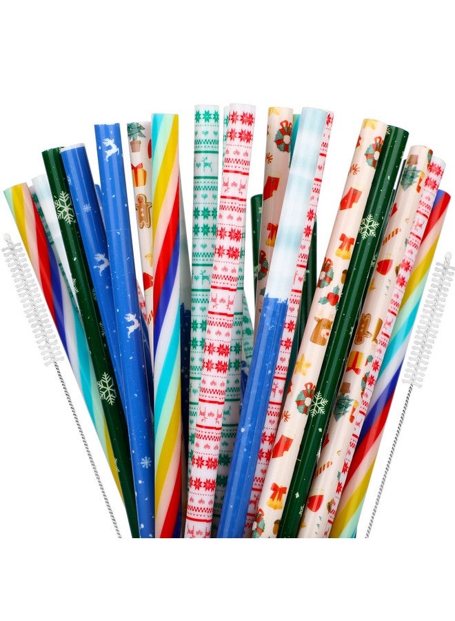 JANYUN 40 Pieces Christmas Straws, BPA-Free 9" Printing Hard Platic Xmas Reusable Drinking Straws for Family or Party Favors Supplies Cleaning Brush Included - Image 1
