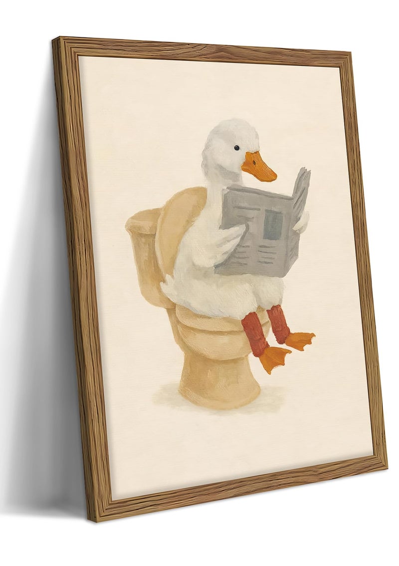 AKWISH Framed Duck Bathroom Wall Art, Whimsical Duck Reading on Toilet, Funny Kids Bathroom Wall Decor, Vintage Farmhouse Toilet Decor, Cute Animal Canvas Print for kids Room 8x10 inch - Image 1