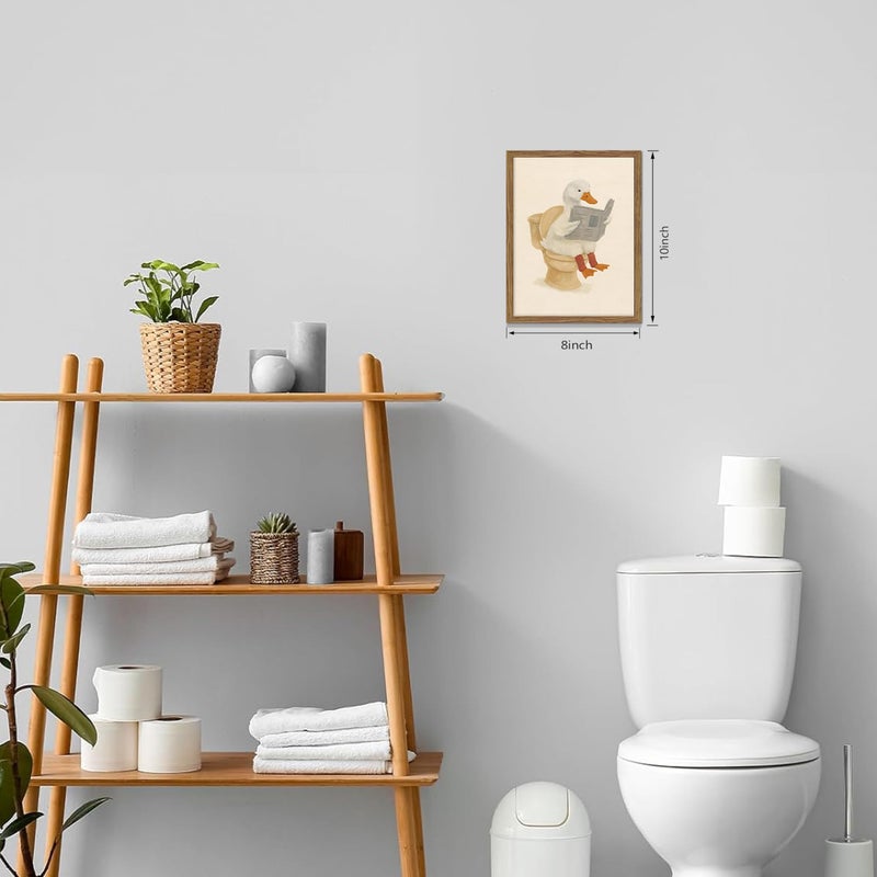 AKWISH Framed Duck Bathroom Wall Art, Whimsical Duck Reading on Toilet, Funny Kids Bathroom Wall Decor, Vintage Farmhouse Toilet Decor, Cute Animal Canvas Print for kids Room 8x10 inch - Image 3