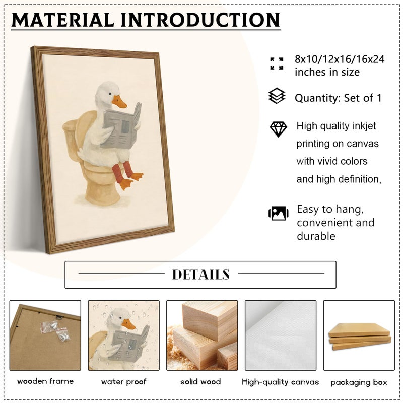 AKWISH Framed Duck Bathroom Wall Art, Whimsical Duck Reading on Toilet, Funny Kids Bathroom Wall Decor, Vintage Farmhouse Toilet Decor, Cute Animal Canvas Print for kids Room 8x10 inch - Image 5