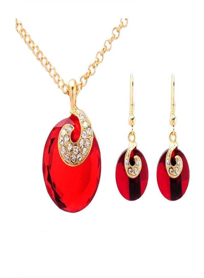 Glitz Fashion Necklace Set Gold-Plated Round Crystal Dangle Earrings for Women (Red)