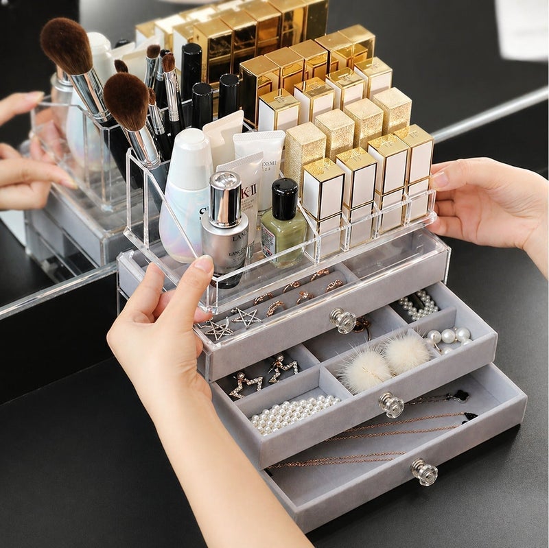 O2. Grey Luxury 3-Layer Jewelry Organizer with Tempered Glass Lid & Transparent Cosmetic Storage Top - Image 5