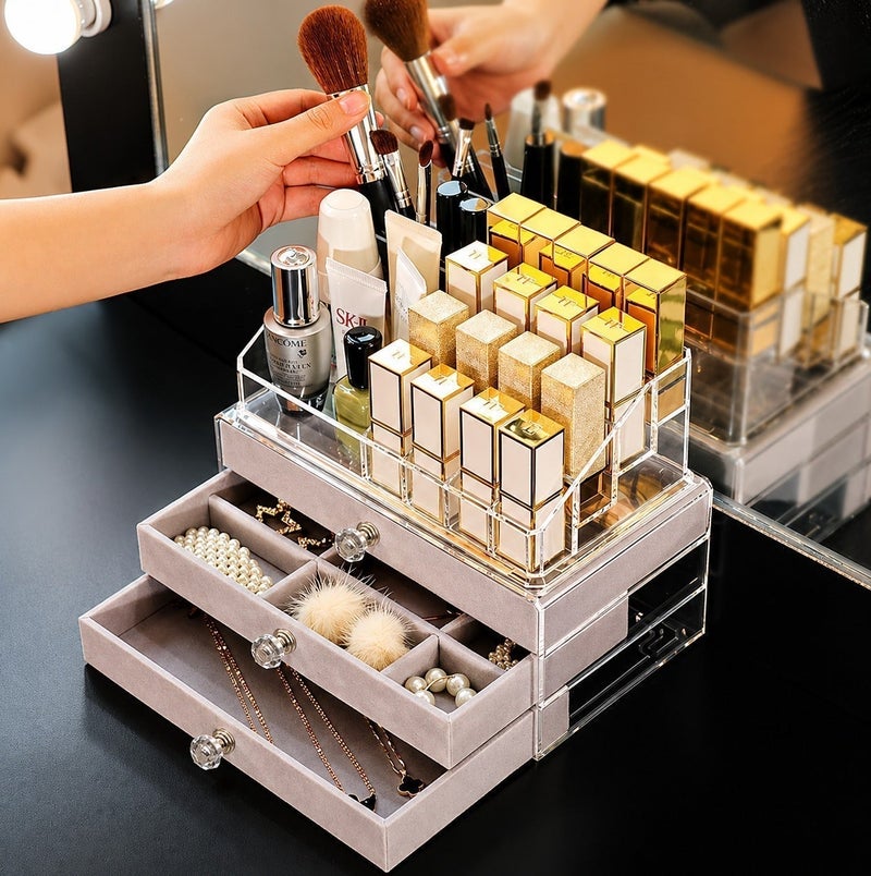 O2. Grey Luxury 3-Layer Jewelry Organizer with Tempered Glass Lid & Transparent Cosmetic Storage Top - Image 3
