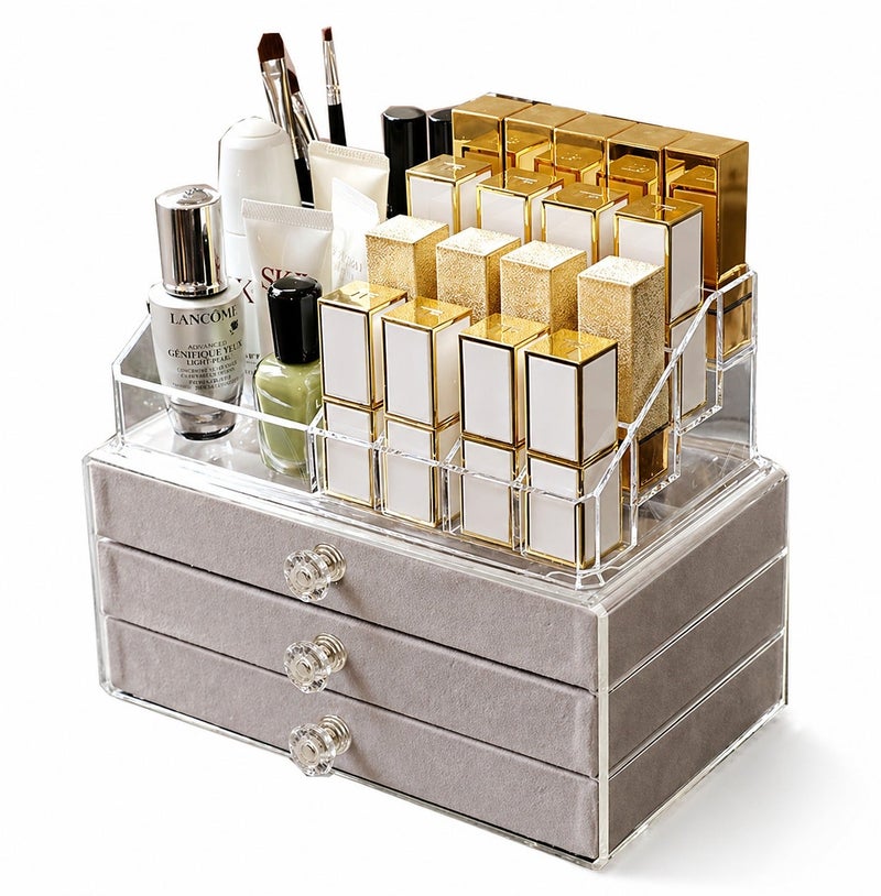O2. Grey Luxury 3-Layer Jewelry Organizer with Tempered Glass Lid & Transparent Cosmetic Storage Top - Image 1