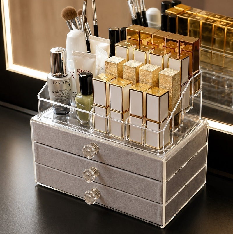 O2. Grey Luxury 3-Layer Jewelry Organizer with Tempered Glass Lid & Transparent Cosmetic Storage Top - Image 2