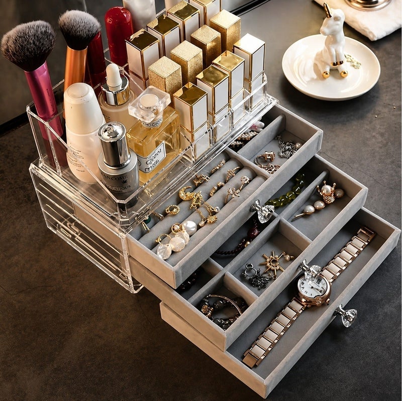O2. Grey Luxury 3-Layer Jewelry Organizer with Tempered Glass Lid & Transparent Cosmetic Storage Top - Image 4
