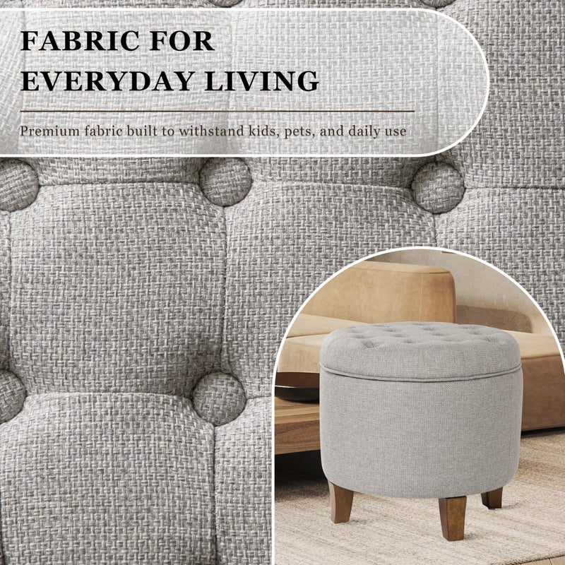 Homepop Home Decor | Upholstered Round Tufted Foot Rest Ottoman | Ottoman with Storage for Living Room & Bedroom | Decorative Home Furniture, Gray Fabric - Image 2