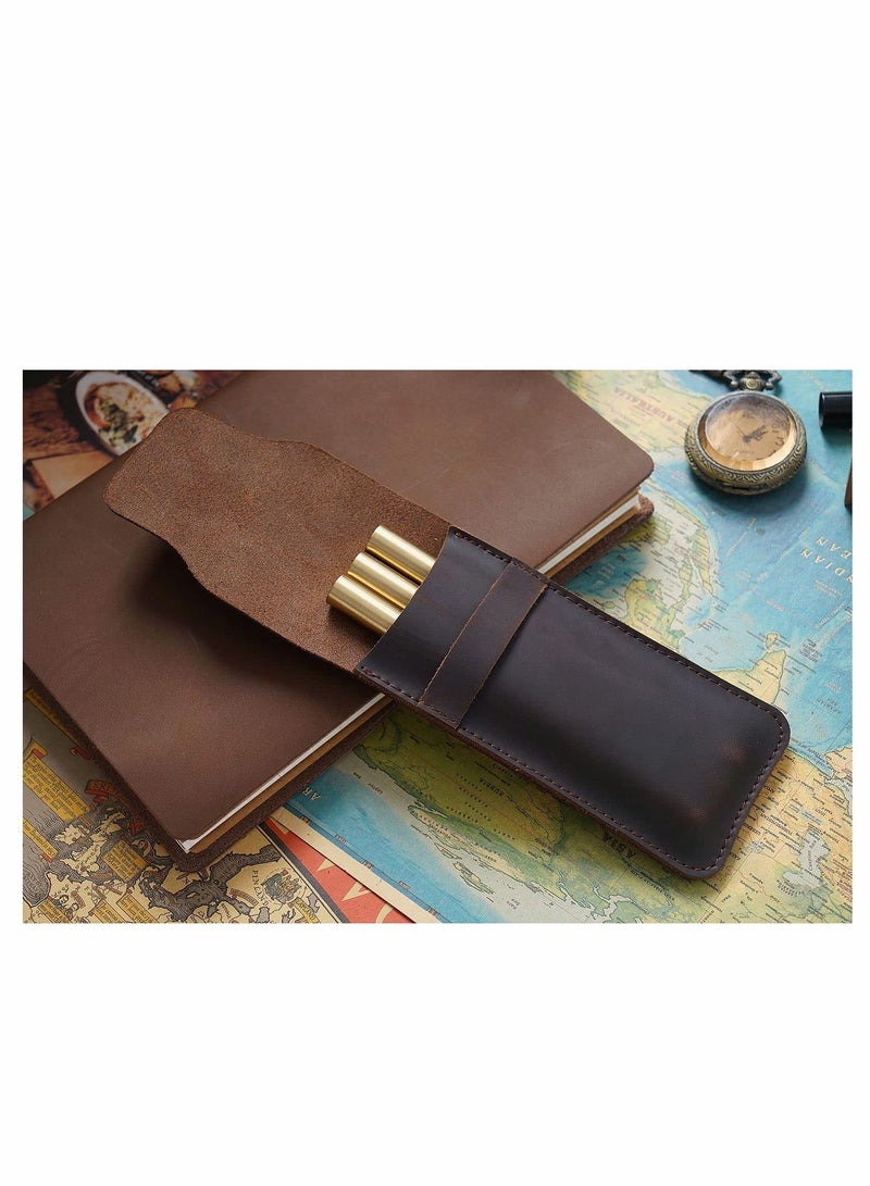 KASTWAVE Vintage Leather Pencil Case Holder, Genuine Leather Pen Case Holder Handmade Fountain Multi Pens Pouch Leather Pen Protective Sleeve Cover (2 Pack -Brown, Large+Small)  - Image 3