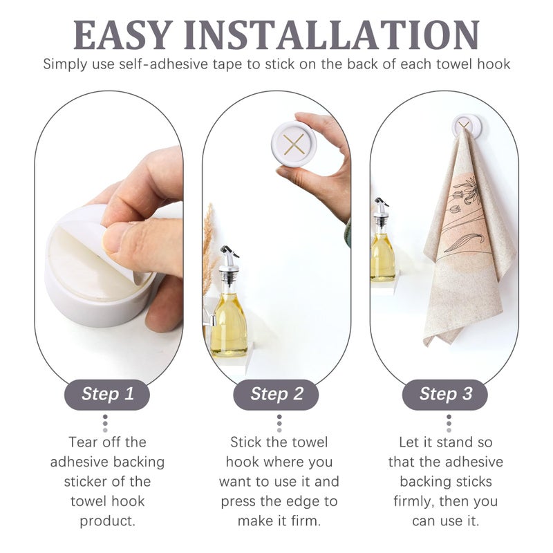 Philbinden 3 Pieces Kitchen Towel Hooks Round Adhesive Dish Towel Hook Premium Chrome Finish & Easy Installation Wall Mount Hand Towel Hook Ideal as Bathroom, Shower or Outdoor Towel Holders (White) - Image 5