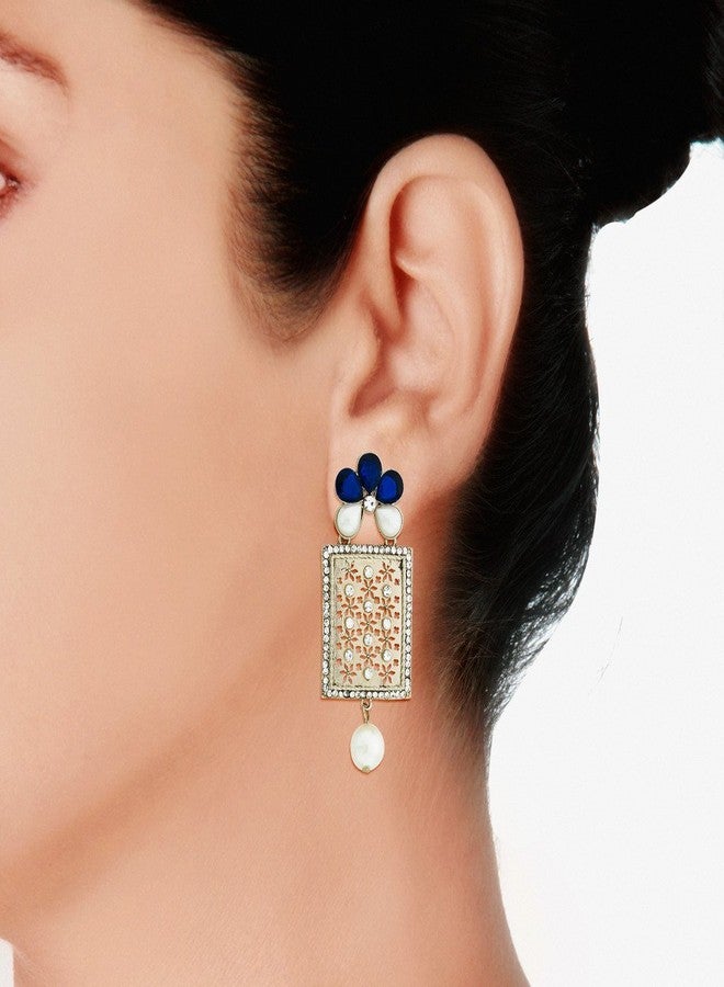 Zivom® Designer American Diamond Blue Pearl Rhodium Long Earring For Women - Image 5