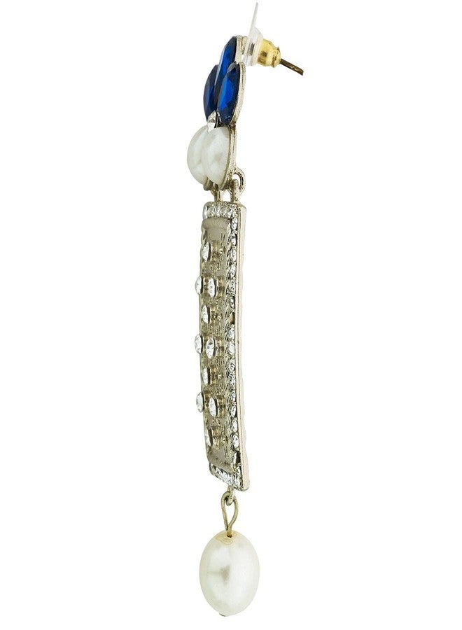 Zivom® Designer American Diamond Blue Pearl Rhodium Long Earring For Women - Image 3