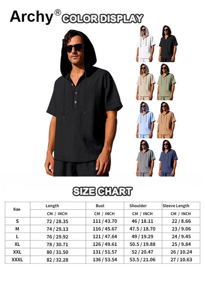 Archy Men's Solid Color Cotton-Linen Hooded Open-Front Shirt - Trendy Loose Fit Short Sleeve | Lightweight, Breathable & Versatile for Summer - Image 3