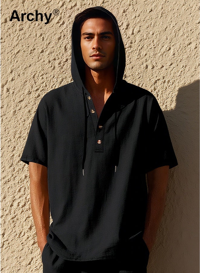 Archy Men's Solid Color Cotton-Linen Hooded Open-Front Shirt - Trendy Loose Fit Short Sleeve | Lightweight, Breathable & Versatile for Summer - Image 2