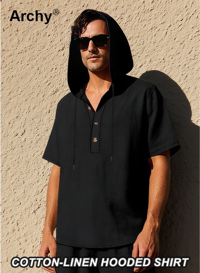 Archy Men's Solid Color Cotton-Linen Hooded Open-Front Shirt - Trendy Loose Fit Short Sleeve | Lightweight, Breathable & Versatile for Summer - Image 1