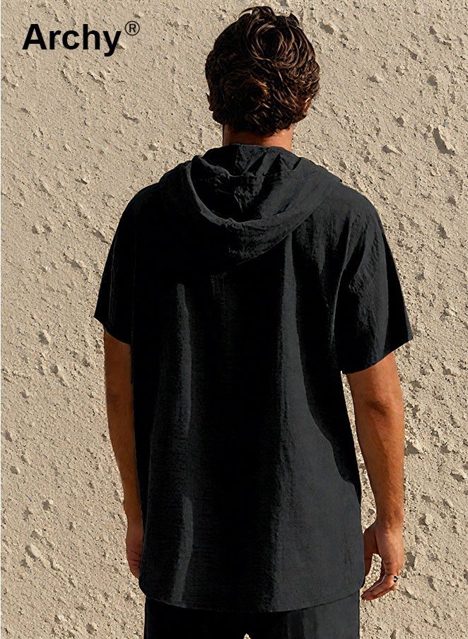 Archy Men's Solid Color Cotton-Linen Hooded Open-Front Shirt - Trendy Loose Fit Short Sleeve | Lightweight, Breathable & Versatile for Summer - Image 4