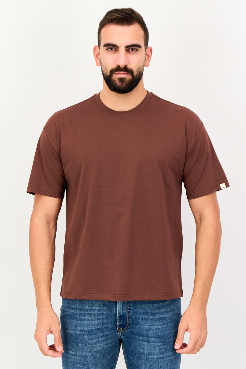 Fudo Men Crew Neck Short Sleeve Solid T-Shirt, Brown - Image 1