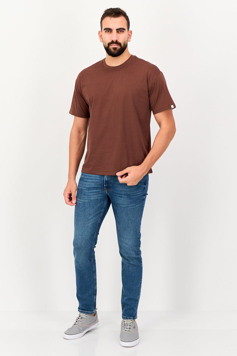 Fudo Men Crew Neck Short Sleeve Solid T-Shirt, Brown - Image 4