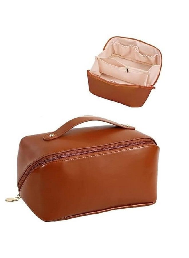 AKSH Large Capacity 12 Cms Cosmetic Bag, Women's Makeup Travel Bag Portable Leather Cosmetics Bag, Makeup Storage Bags with Handle and Divider, Wide Opening Cosmetic Organizer Bags (Brown) - Image 1