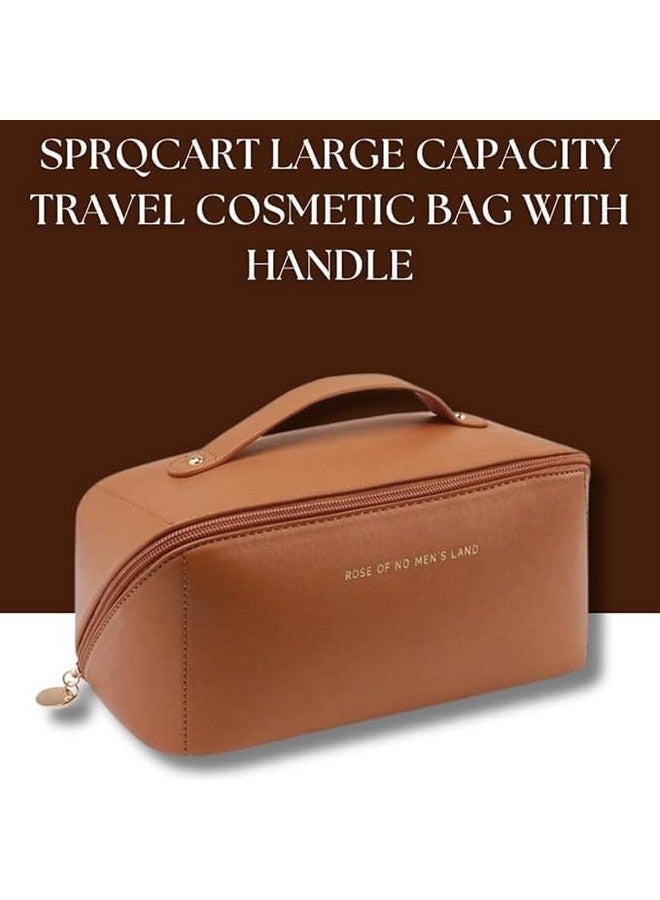 AKSH Large Capacity 12 Cms Cosmetic Bag, Women's Makeup Travel Bag Portable Leather Cosmetics Bag, Makeup Storage Bags with Handle and Divider, Wide Opening Cosmetic Organizer Bags (Brown) - Image 4