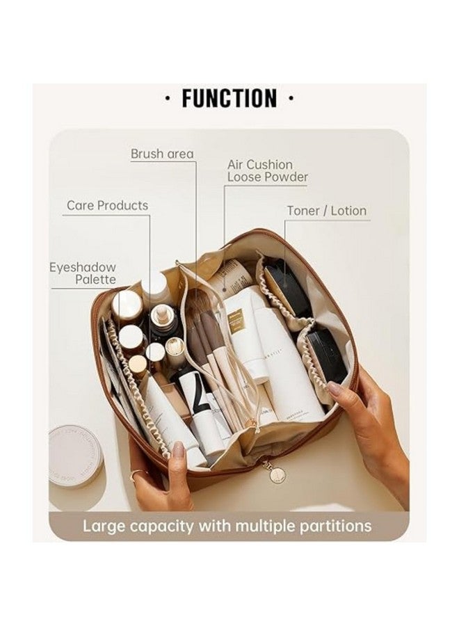 AKSH Large Capacity 12 Cms Cosmetic Bag, Women's Makeup Travel Bag Portable Leather Cosmetics Bag, Makeup Storage Bags with Handle and Divider, Wide Opening Cosmetic Organizer Bags (Brown) - Image 5