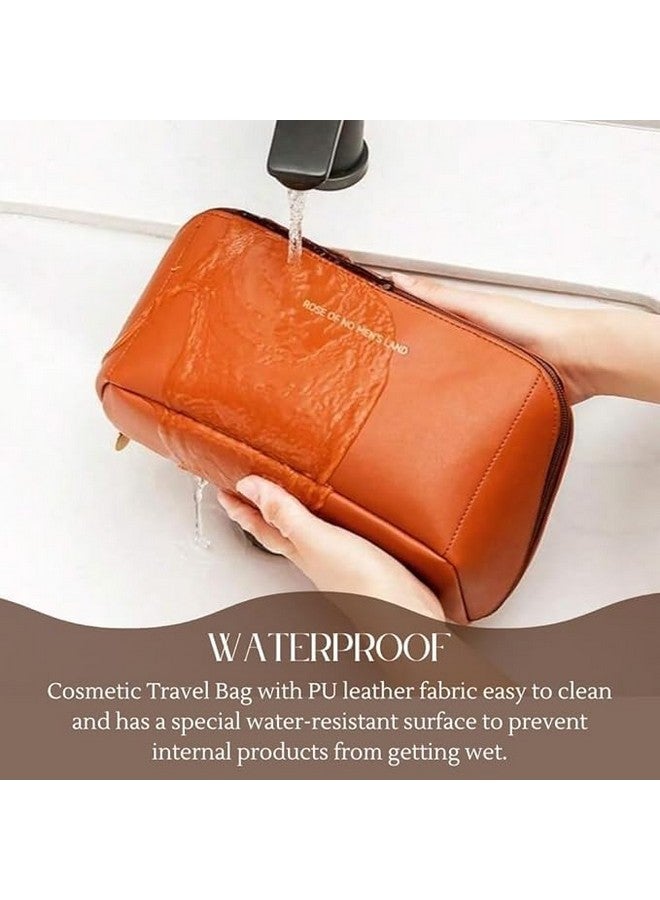 AKSH Large Capacity 12 Cms Cosmetic Bag, Women's Makeup Travel Bag Portable Leather Cosmetics Bag, Makeup Storage Bags with Handle and Divider, Wide Opening Cosmetic Organizer Bags (Brown) - Image 3