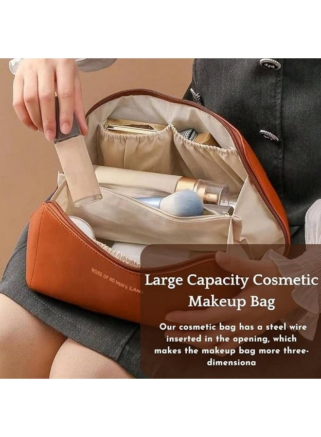 AKSH Large Capacity 12 Cms Cosmetic Bag, Women's Makeup Travel Bag Portable Leather Cosmetics Bag, Makeup Storage Bags with Handle and Divider, Wide Opening Cosmetic Organizer Bags (Brown) - Image 2