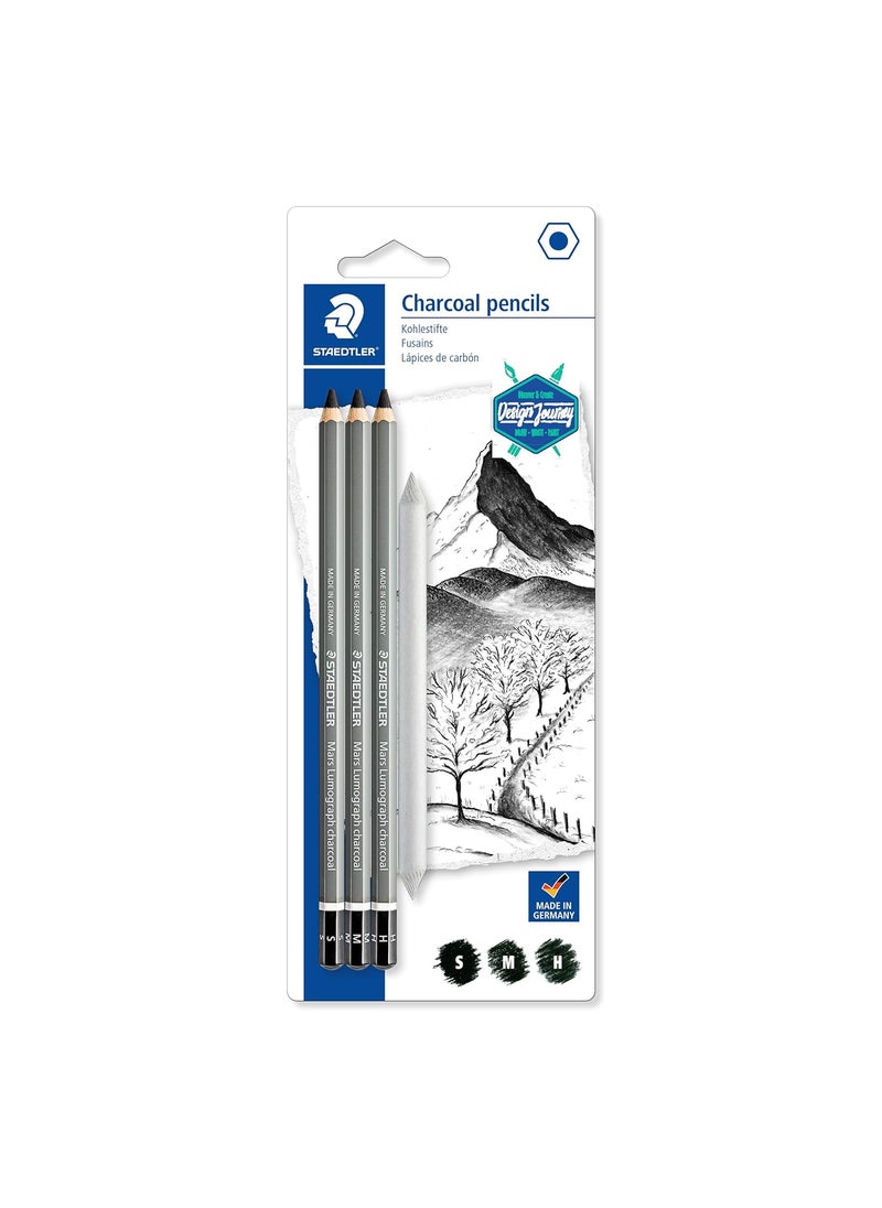 STAEDTLER STAEDTLER Mars Lumograph Charcoal Pencils Blister Pack of 3 Charcoal Pencils H M S 1 Blending Stump No 4 100C_SBK4  - Image 1