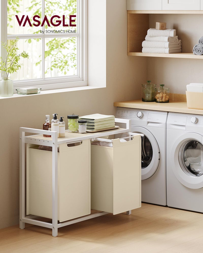 VASAGLE Laundry Hamper, Laundry Basket Sorter with 2 Pull-Out and Removable Bags, Shelf, Metal Frame, 2 x 12.1 Gallons (46 L), 28.8 x 13 x 28.4 Inches, Cappuccino Beige and Natural Beige UBLH201LH01 - Image 2