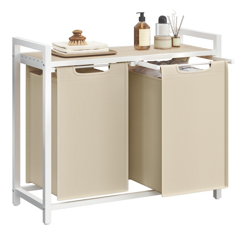 VASAGLE Laundry Hamper, Laundry Basket Sorter with 2 Pull-Out and Removable Bags, Shelf, Metal Frame, 2 x 12.1 Gallons (46 L), 28.8 x 13 x 28.4 Inches, Cappuccino Beige and Natural Beige UBLH201LH01 - Image 1