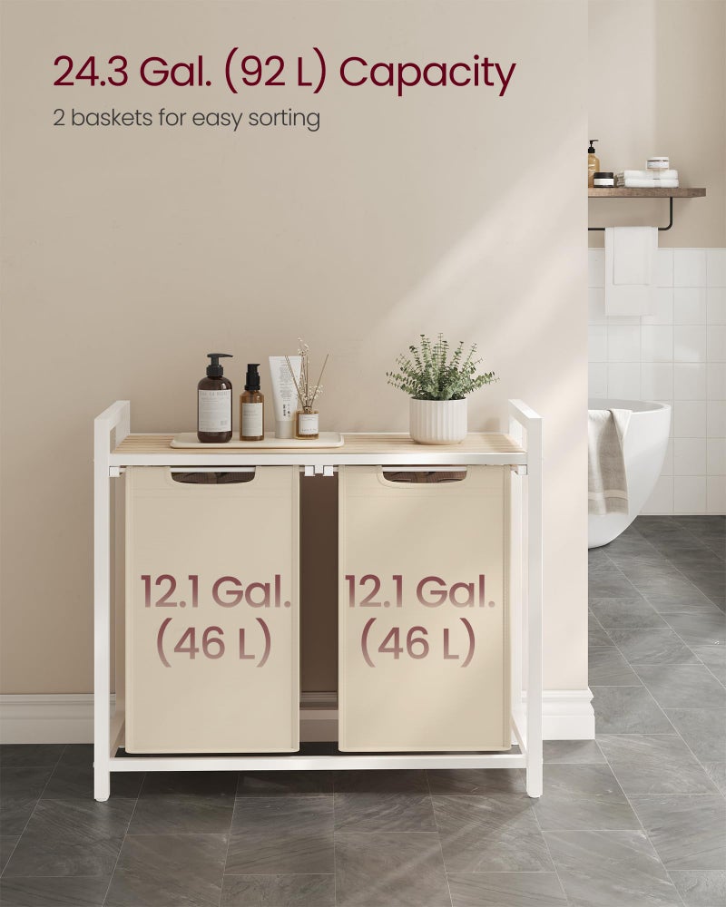 VASAGLE Laundry Hamper, Laundry Basket Sorter with 2 Pull-Out and Removable Bags, Shelf, Metal Frame, 2 x 12.1 Gallons (46 L), 28.8 x 13 x 28.4 Inches, Cappuccino Beige and Natural Beige UBLH201LH01 - Image 3
