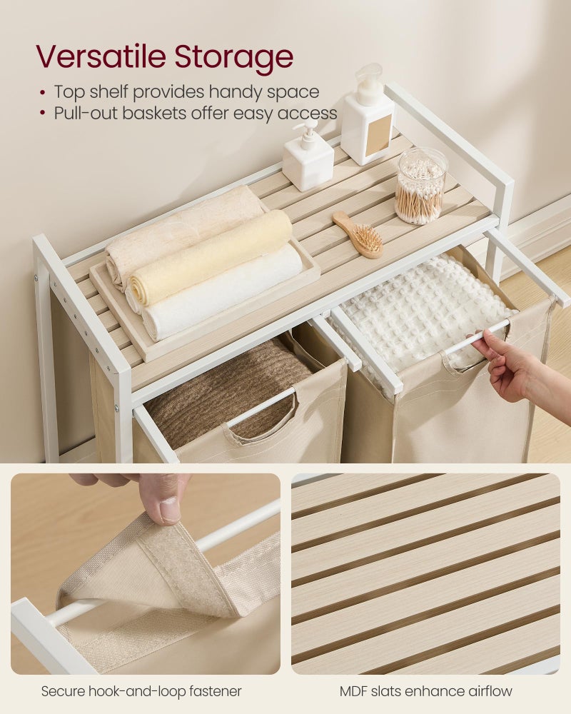 VASAGLE Laundry Hamper, Laundry Basket Sorter with 2 Pull-Out and Removable Bags, Shelf, Metal Frame, 2 x 12.1 Gallons (46 L), 28.8 x 13 x 28.4 Inches, Cappuccino Beige and Natural Beige UBLH201LH01 - Image 4