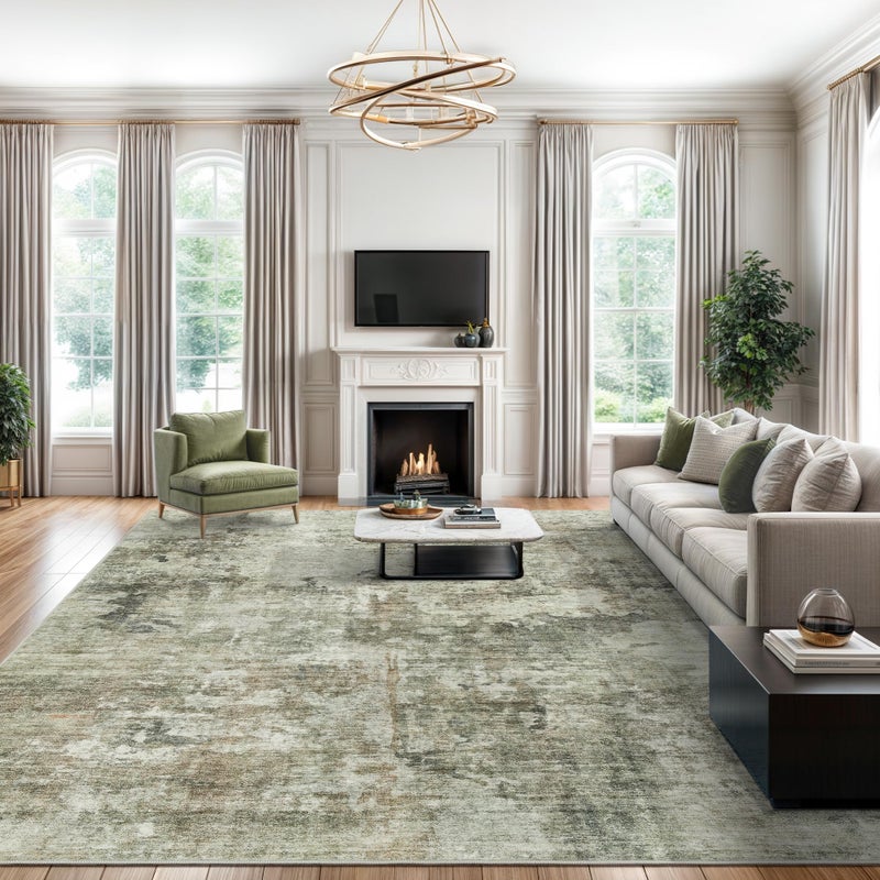 Soalmost Abstract Rug 8x10 Large Living Room Neutral Modern Washable Area Rugs for Bedroom Dining Room Non-Slip Stain Resistant Foldable Thin Green Black - Image 1